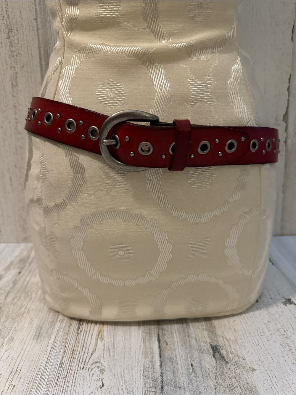 Fossil Vintage Leather Red Grommets Silvertone Customizable Brass Buckle Belt L